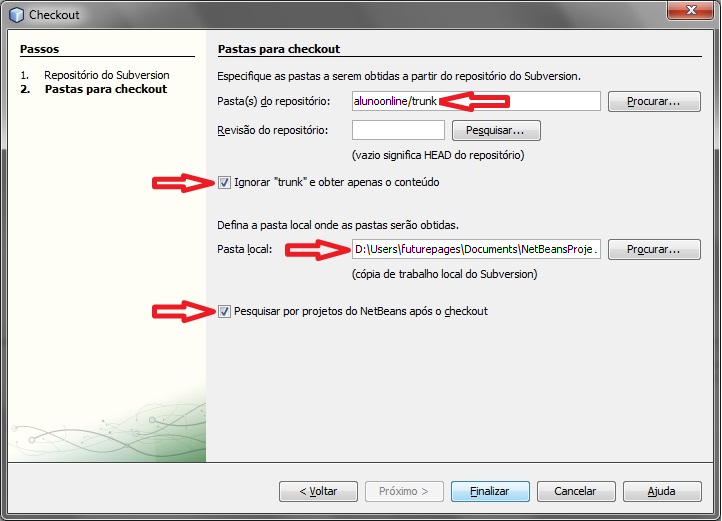 Configuração de pastas para o checkout